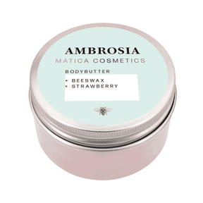 Body Butter AMBROSIA – verwöhnt mit Erdbeerduft, pflegt mit Vitamin E & Bienenwachs, spendet Feuchtigkeit & schützt die Haut. Natürlich & nachhaltig verpackt.