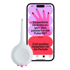 Teena Perioden-Tracker auf einem weißen Hintergrund. Der Perioden-Tracker ist weiß und hat rosa Füße. Daneben zeigt ein Mobiltelefon einen Info-Bildschirm aus der Teena Mobile App